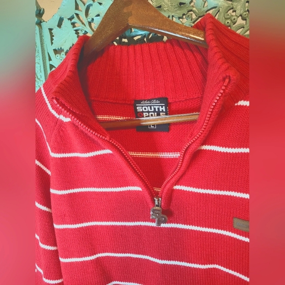South Pole | Y2K Men's VTG Red & White Striped 1/4 Zip Pullover Sweater | Large - Picture 3 of 14